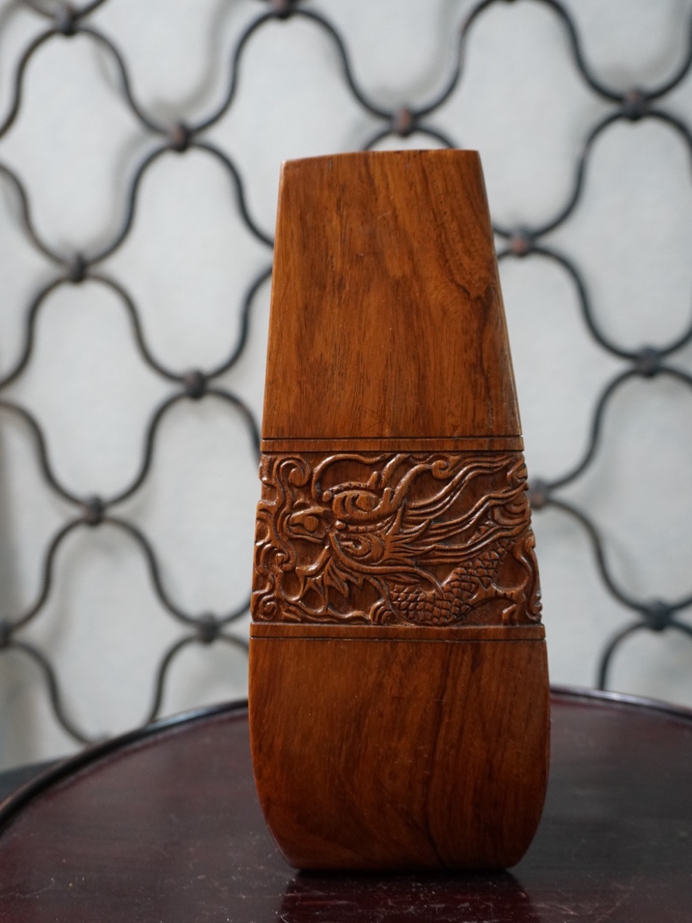 Vintage Carved Wooden Decorative Vase with Dragon Motif - Brown
